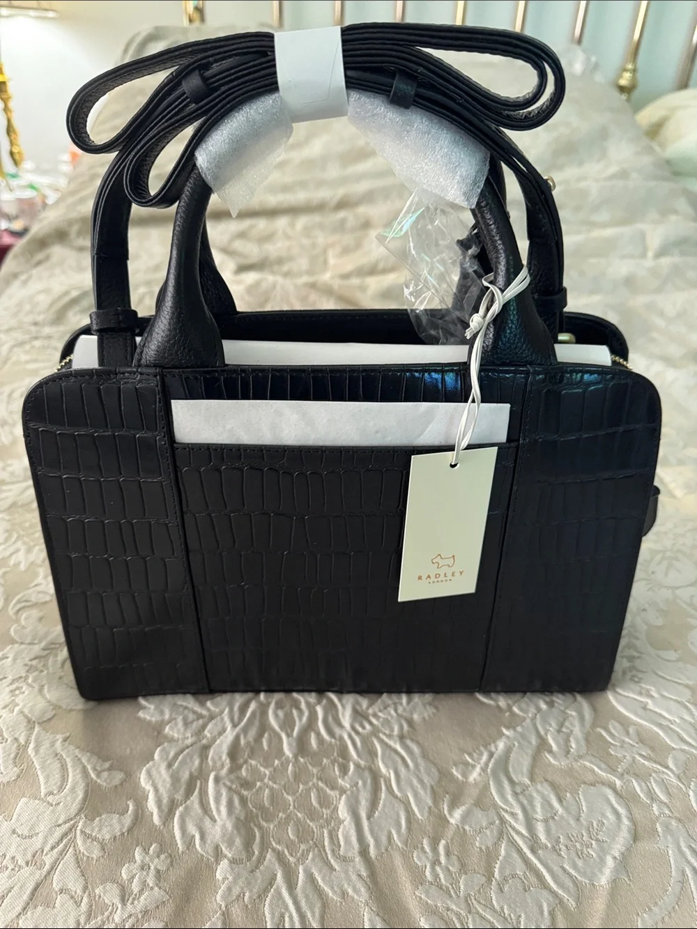 RADLEY LONDON Black Croc-Embossed Satchel with Detachable Strap